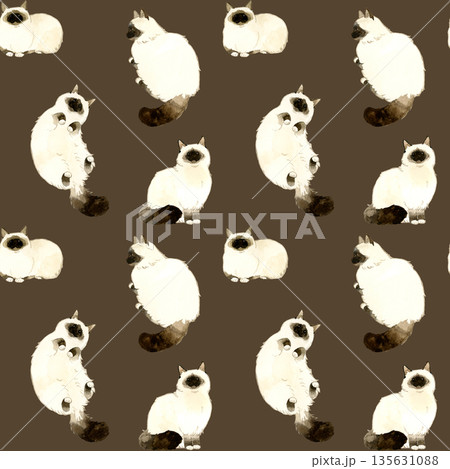 ポイントカラーの長毛猫のシームレスパターン 動物・ペットの手描き水彩イラスト背景素材 ポイントカラーの長毛猫のシームレスパターン 動物・ペットの手描き水彩イラスト背景素材 135631088