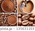 Coffee making process featuring ground coffee, brewed espresso 135631103