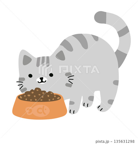 Cute Cat Eating From Bowl Illustration Cute Cat Eating From Bowl Illustration 135631298