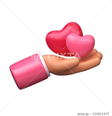 Cute 3D hand holding two hearts for love and romance designs 135631477