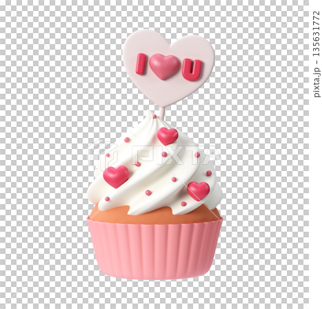 Romantic cupcake with creamy frosting and I love you heart topper in soft 3D style Romantic cupcake with creamy frosting and I love you heart topper in soft 3D style 135631772