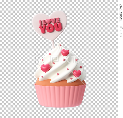 Sweet Valentine cupcake with creamy frosting and heart I love you topper, 3d illustration Sweet Valentine cupcake with creamy frosting and heart I love you topper, 3d illustration 135631797