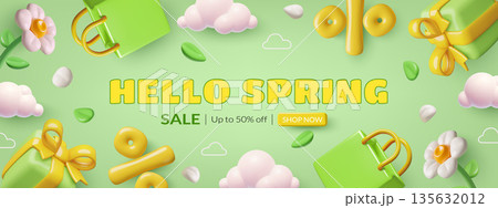 Hello Spring Sale banner design with 3d flowers leaves and shopping elements on green background 135632012
