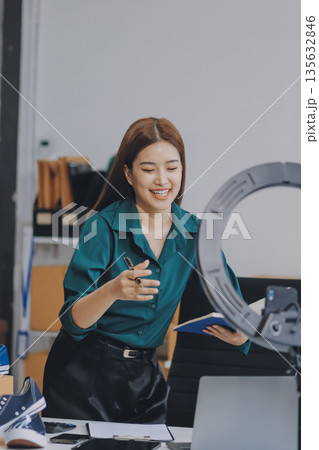 Starting small businesses SME owners female entrepreneurs check online orders to prepare to pack the boxes, sell to customers, sme business ideas online. 135632846
