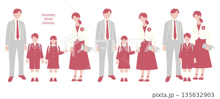 入学式の親子のイラスト素材 ベクター 春 小学校 白背景 135632903