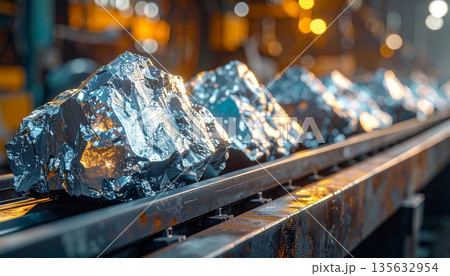 ベルトコンベアで運ばれるレアアース鉱石　資源供給と製造ライン 135632954