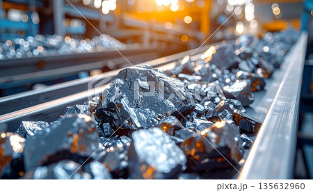 ベルトコンベアで運ばれるレアアース鉱石　資源供給と製造ライン 135632960