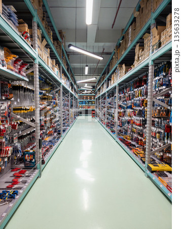 Yerevan Armenia 1.10.2026. A large store with many shelves of tools and hardware 135633278