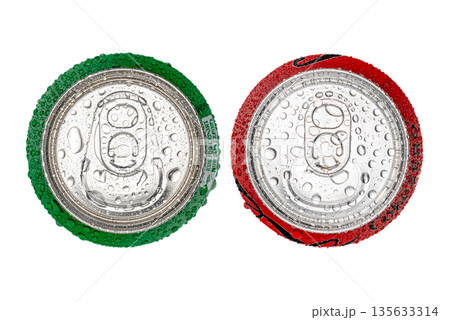 Two cans of soda with the top of one can open Two cans of soda with the top of one can open 135633314