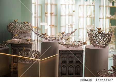 Yerevan Armenia 1.5.2026. A display of bird-shaped bowls and vases in a store window 135633487
