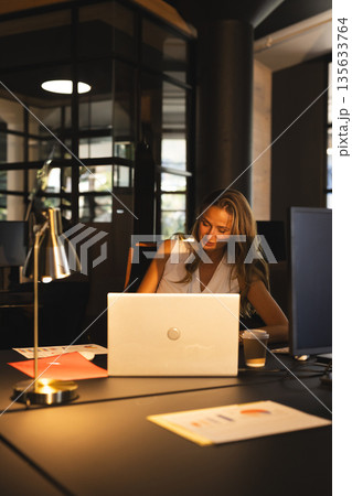 Woman wearing sleeveless blouse working on laptop at desk in modern office with lamp, copy space Woman wearing sleeveless blouse working on laptop at desk in modern office with lamp, copy space 135633764