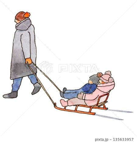 Mom is taking her children on a sled 135633957