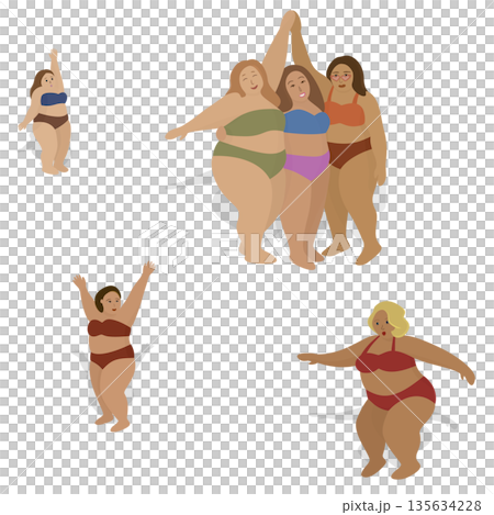 Plus Size Women Dancing in Bikinis on the beach. Vector illustration of diverse plus-size women celebrating body positivity in colorful bikinis. Joyful, confident, and inclusive 135634228