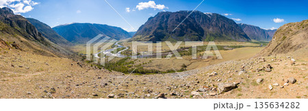 Top view of Chulyshman valley in Altai Russia near famous stone mushrooms Natural monument surrounded by majestic mountains and wild landscapes Top view of Chulyshman valley in Altai Russia near famous stone mushrooms Natural monument surrounded by majestic mountains and wild landscapes 135634282