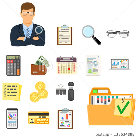 Auditing, Tax, Accounting Flat Icons Set Auditing, Tax, Accounting Flat Icons Set 135634899