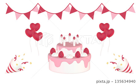 華やかなバースデーの3DCGイラスト。ホールケーキやクラッカー、バルーンなどをあしらったカード素材 135634940