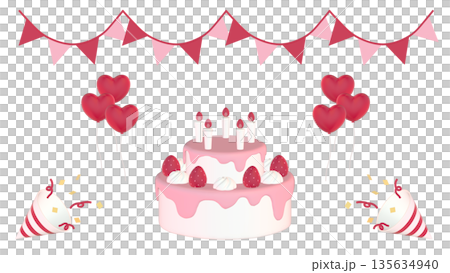 華やかなバースデーの3DCGイラスト。ホールケーキやクラッカー、バルーンなどをあしらったカード素材 135634940