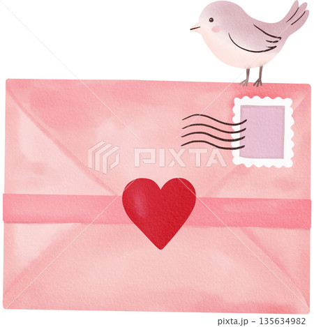 A pink love envelope with a red heart seal and a cute bird on top for Valentines Day cards. A pink love envelope with a red heart seal and a cute bird on top for Valentines Day cards. 135634982
