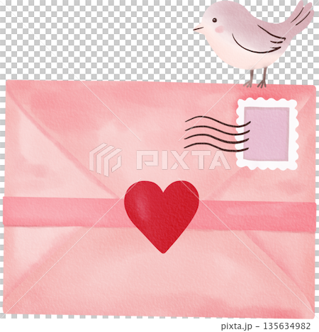 A pink love envelope with a red heart seal and a cute bird on top for Valentines Day cards. 135634982