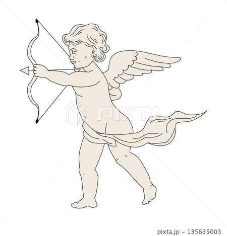Elegant cupid with bow and arrow shoot, vintage style doddle, sketch in line art 135635003