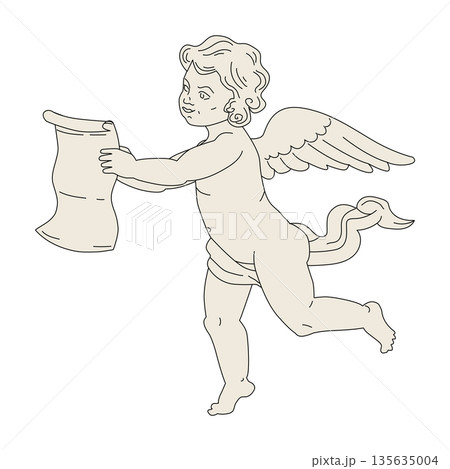 Elegant cupid with scroll vintage style doddle, sketch in line art 135635004