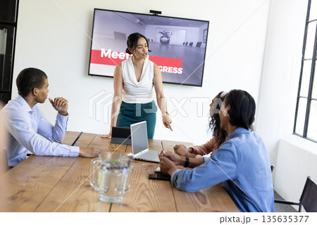 Leading meeting, businesswoman discussing progress with diverse team in modern office Leading meeting, businesswoman discussing progress with diverse team in modern office 135635377
