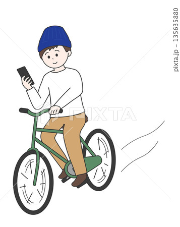 スマートフォンを見ながら自転車に乗る若い男性　ミニマルでシンプルなイラスト 135635880