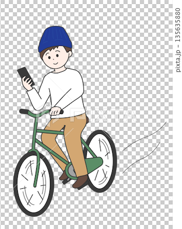スマートフォンを見ながら自転車に乗る若い男性　ミニマルでシンプルなイラスト 135635880