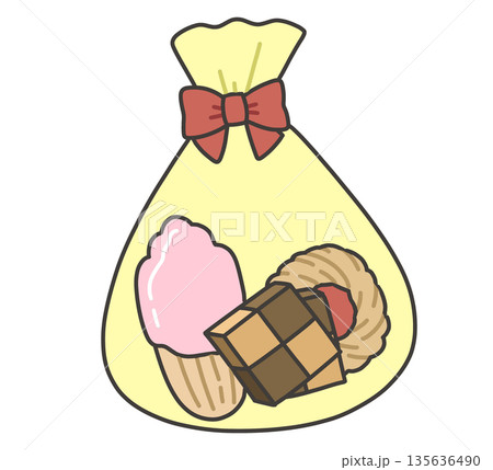 赤いリボンがついた黄色の袋に入ったお菓子のイラスト 135636490