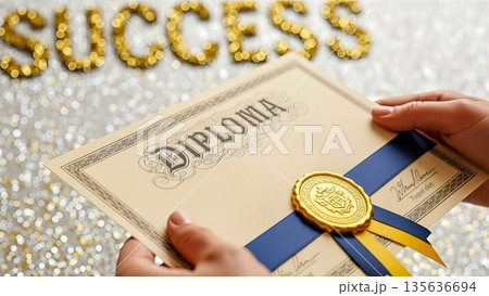 Student hands holding graduation diploma certificate with golden seal and success text sign in background representing academic achievement and education 135636694