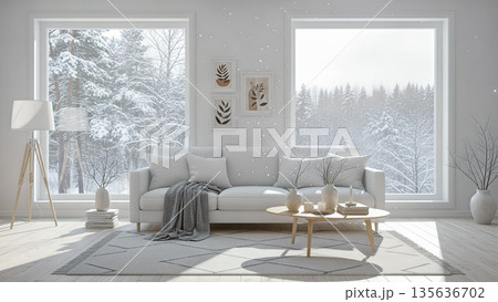 Modern living room interior with white sofa and panoramic window view of winter snowy forest cozy home design concept comfort and style Modern living room interior with white sofa and panoramic window view of winter snowy forest cozy home design concept comfort and style 135636702