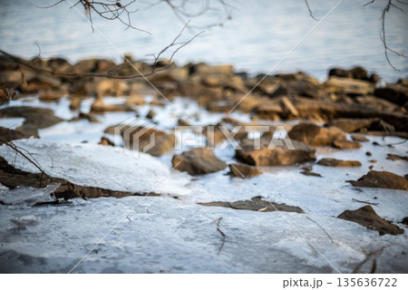 Icy rocky shoreline in winter 135636722