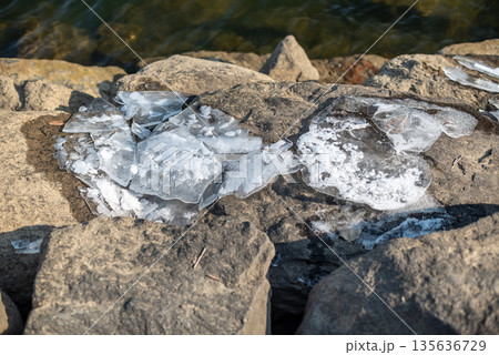 Melting Ice on Rocky Shoreline Melting Ice on Rocky Shoreline 135636729