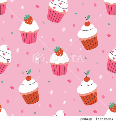 A simple seamless pattern with cupcakes and confetti. Vector graphics. A simple seamless pattern with cupcakes and confetti. Vector graphics. 135636863
