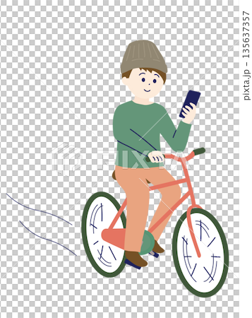 スマートフォンを見ながら自転車に乗る若い男性 シンプルでフラットなイラスト スマートフォンを見ながら自転車に乗る若い男性 シンプルでフラットなイラスト 135637357