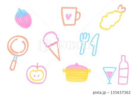 ラインマーカーの落書き風 食べ物や料理関連のイラストセット 135637362