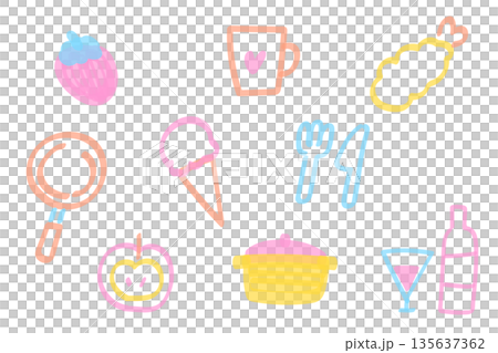 ラインマーカーの落書き風 食べ物や料理関連のイラストセット 135637362