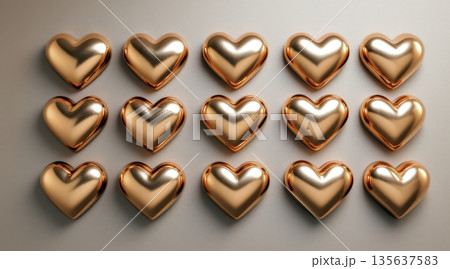 Heart-shaped decorations arranged in a grid pattern on a light background for display 135637583