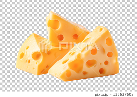 Set of sliced cheese pieces isolated on transparent background, showcasing holes and smooth texture, ideal for culinary or food-related projects 135637608
