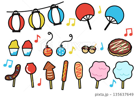 カラフルな手描き風の夏祭りイラストセット 135637649