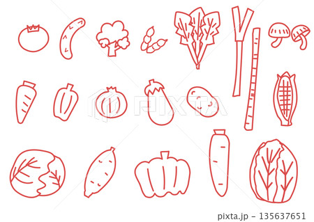 赤い線画で描いた野菜イラストセット 赤い線画で描いた野菜イラストセット 135637651