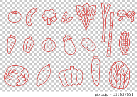 赤い線画で描いた野菜イラストセット 赤い線画で描いた野菜イラストセット 135637651