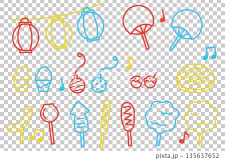 カラフルな線画の夏祭りイラストセット 135637652