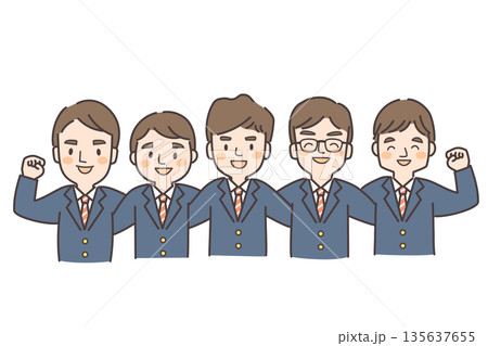 肩を組んでガッツポーズする制服姿の男子高校生5人 135637655