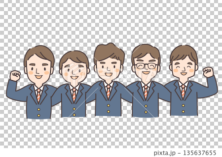 肩を組んでガッツポーズする制服姿の男子高校生5人 135637655