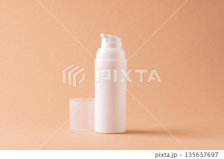 Cosmetic pump bottle mockup on podium, minimal skincare concept 135637697