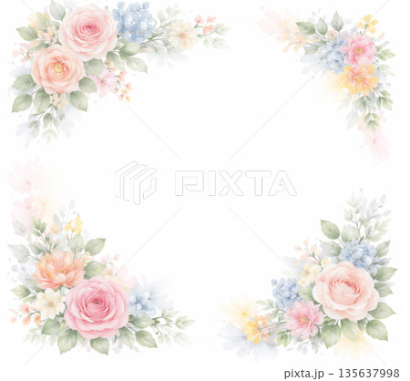水彩風 花のフレーム　やさしいパステルカラーの背景コピースペース 135637998