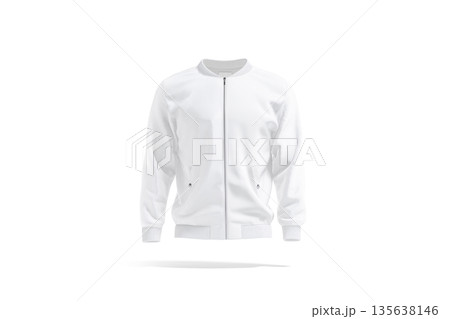 Blank white bomber jacket mockup, png, transparent background, 3d rendering. Empty windbreaker clothing with zipper mock up, cut out. Clear satin or textile waterproof coat for urban outwear template. 135638146