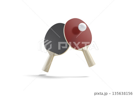 Blank black, red wood table tennis racket with ball mockup, no gravity, png, transparent background 3d rendering. Empty desktop for ping-pong game, cut out. Tabletennis board for competitive template. Blank black, red wood table tennis racket with ball mockup, no gravity, png, transparent background 3d rendering. Empty desktop for ping-pong game, cut out. Tabletennis board for competitive template. 135638156