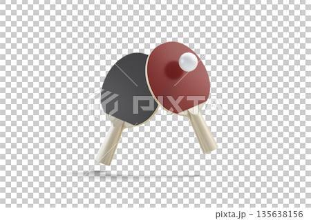 Blank black, red wood table tennis racket with ball mockup, no gravity, png, transparent background 3d rendering. Empty desktop for ping-pong game, cut out. Tabletennis board for competitive template. 135638156